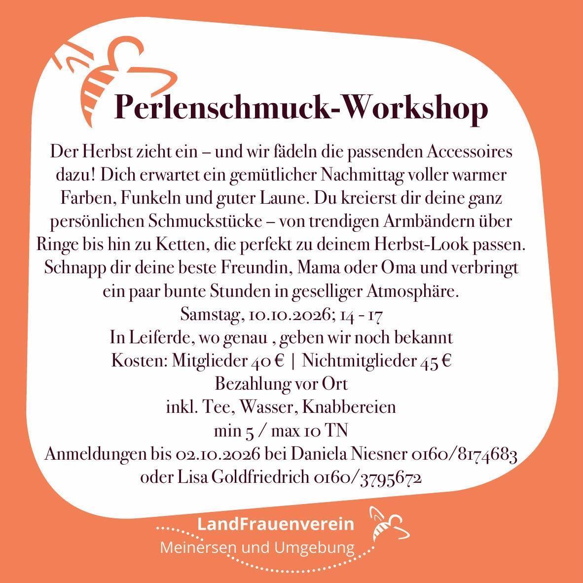 Ankündigungen der Landfrauen Meinersen und Umgebung(Perlenschmuck-Workshop/Herbstfeier/Glühwein-Abend)