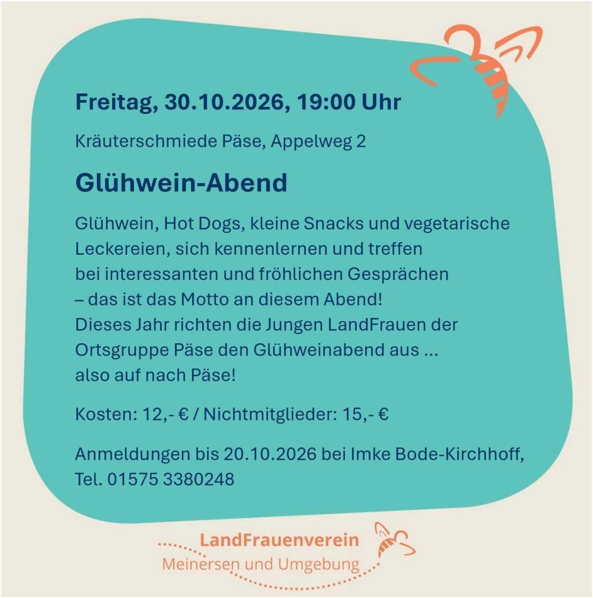 Ankündigungen der Landfrauen Meinersen und Umgebung(Perlenschmuck-Workshop/Herbstfeier/Glühwein-Abend)