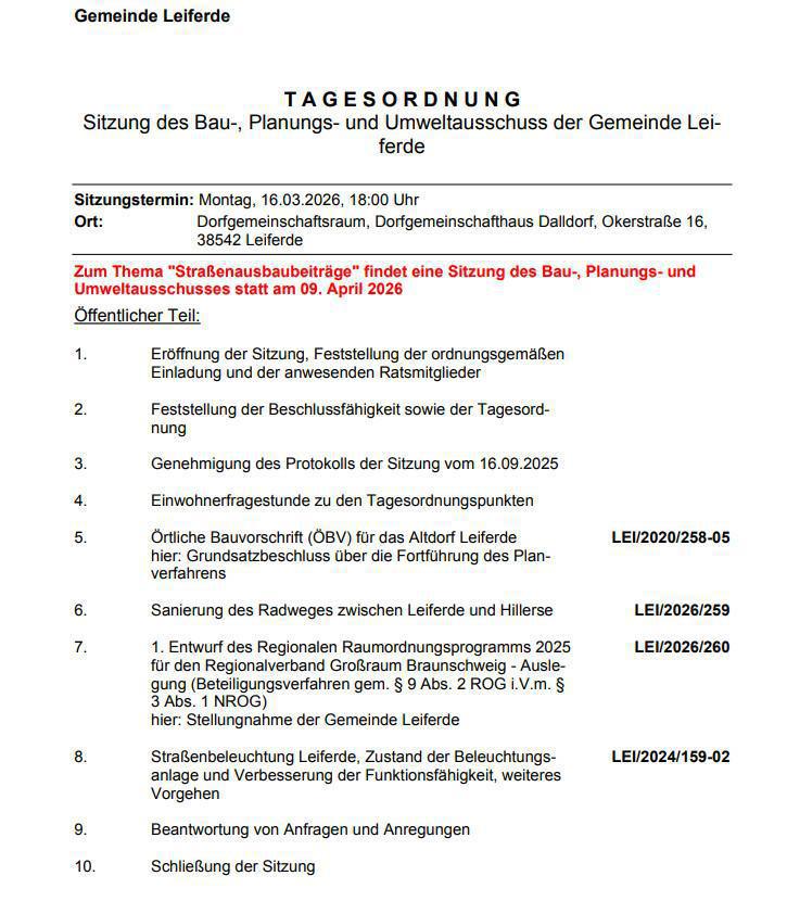 Leiferde: Einladung zur Sitzung des Bau; Planungs - und Umweltausschuss der Gemeinde