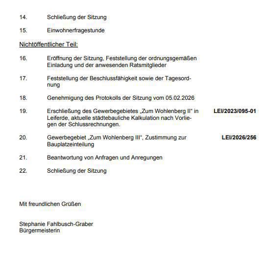 Leiferde: Einladung zur Sitzung des Rates der Gemeinde am 18.03.26
