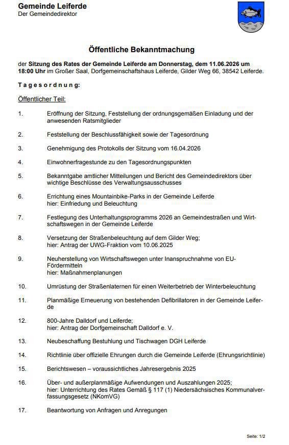 Leiferde: Einladung zur Sitzung des Rates der Gemeinde am 11.06.26