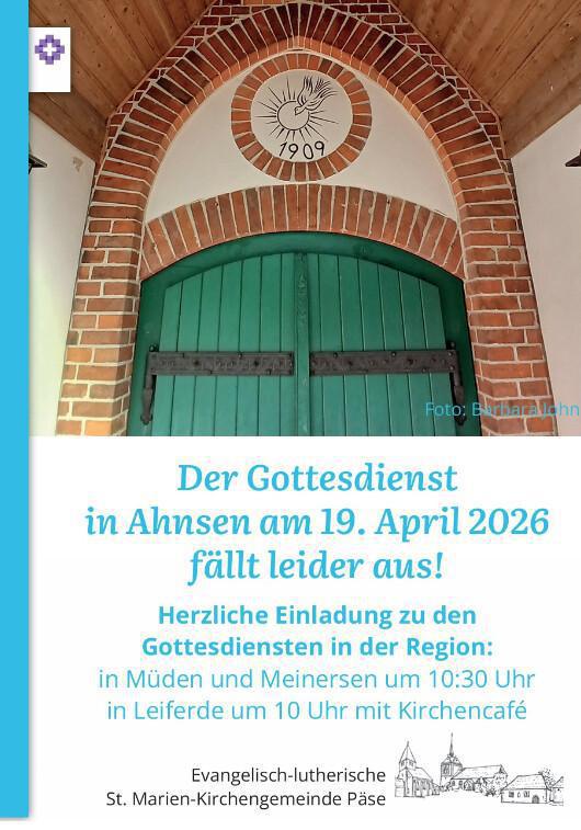 Gottesdienst Ahnsen fällt heute aus!
