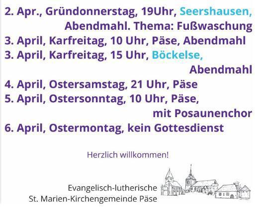 St. Marien- Kirchengemeinde Päse: Einladung zu den Ostergottesdiensten
