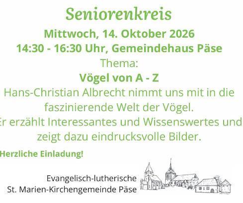 Seniorenkreis der St. Marien- Kirchengemeinde Päse trifft sich am 14.10.26
