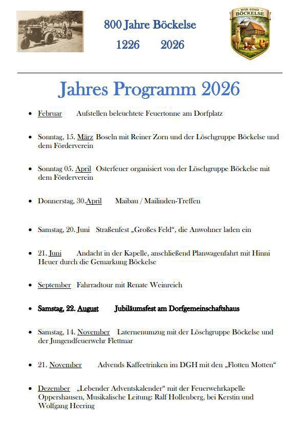  800 Jahre Böckelse – Jubiläumsjahr 2026 (Jahresprogramm)