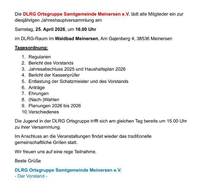 DLRG Ortsgruppe SG Meinersen e.V. lädt am 25.04.26 zur JHV