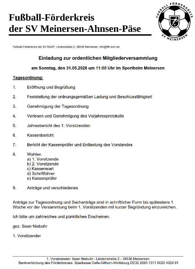 JHV Fußball-Förderkreis der SV Meinersen-Ahnsen-Päse am 31.05.2026