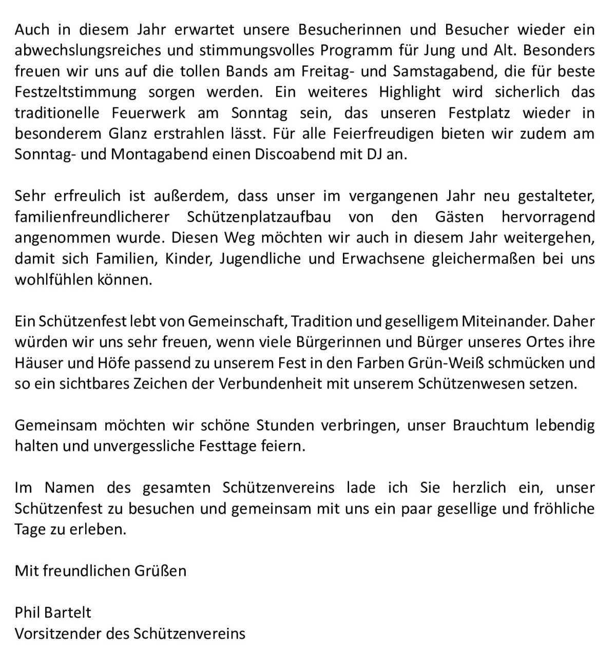 Grußwort des 1.Vorsitzenden des Schützenverein Müden-Dieckhorst zum Schützenfest 2026