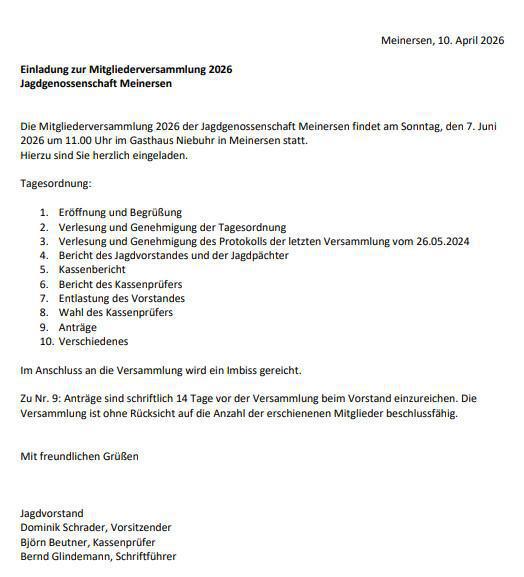 Jagdgenossenschaft Meinersen lädt zur JHV am 07.06.26 ein