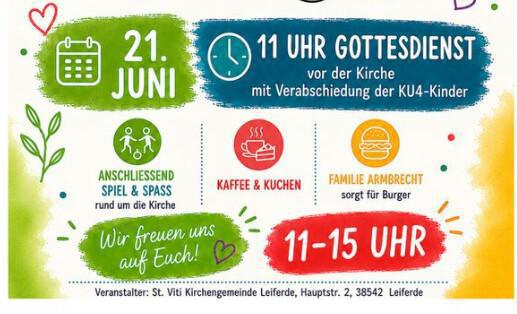Sommerfest der St. Viti Kirchengemeinde am 21.06.26: Familiengottesdienst, Spielstationen und Burger vor der Kirche