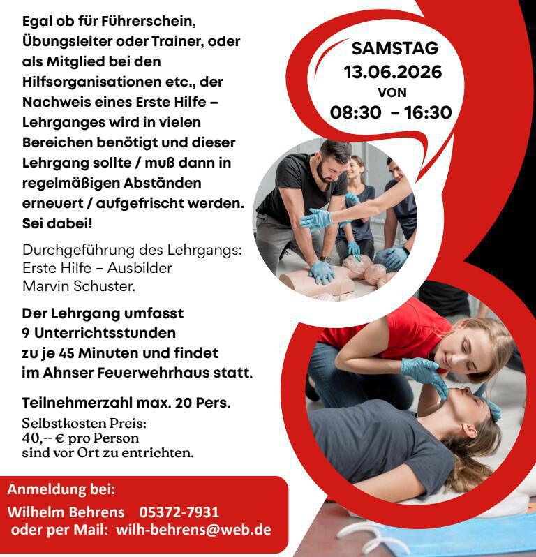 Einladung zum Erste Hilfe Lehrgang
