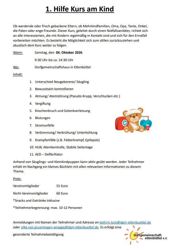 Erste Veranstaltung „Sprechen & Zuhören“ im DGH Ettenbüttel und Anmeldungen für 1. Hilfekurse (Kind/Säugling) möglich.