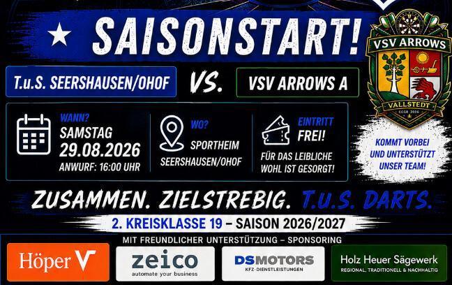 Darts in Seershausen - Saisonstart in der 2.Kreisklasse am 29.08.26 - Kommt vorbei und unterstützt unser Team