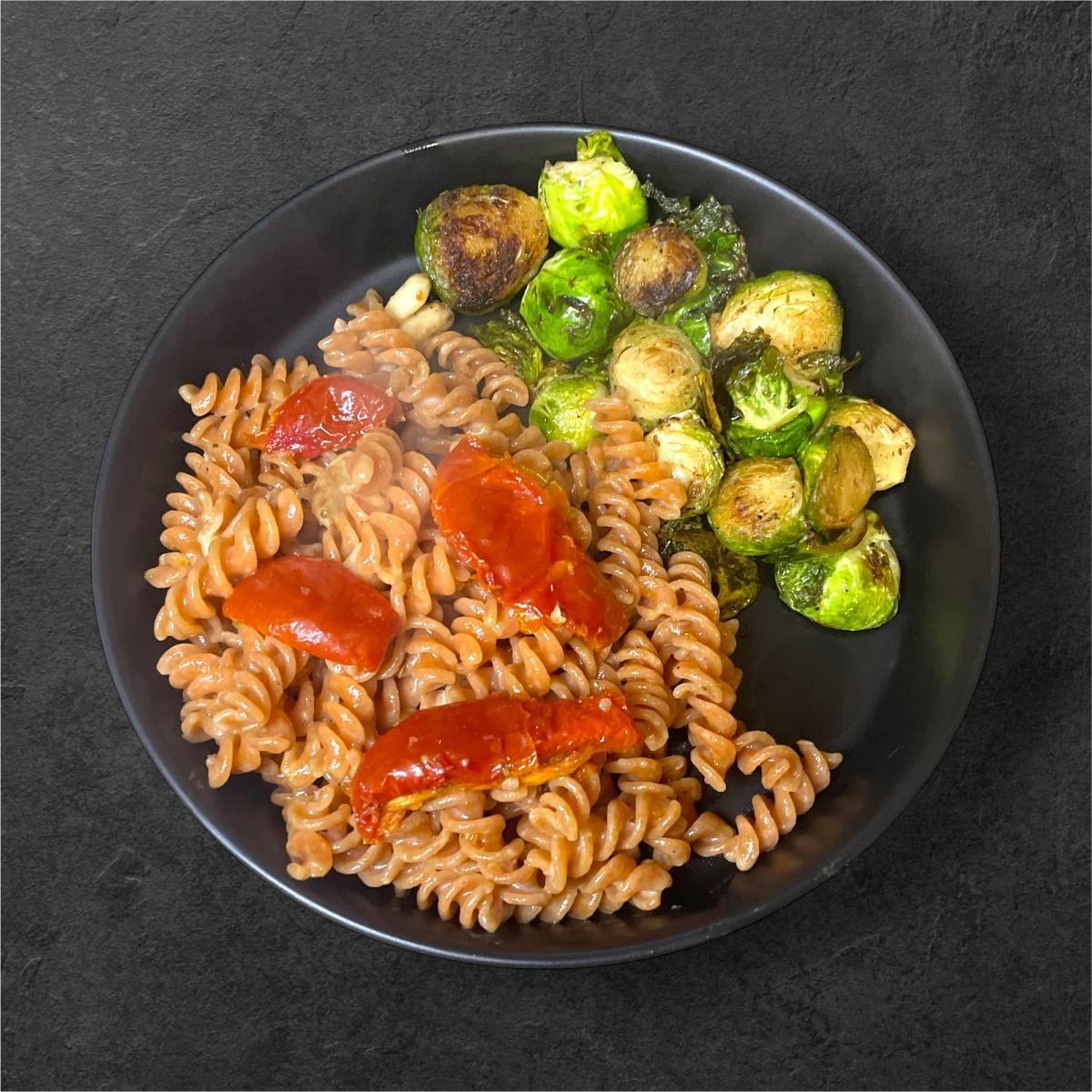 Lentil Rotini with Crispy Brussels Sprouts