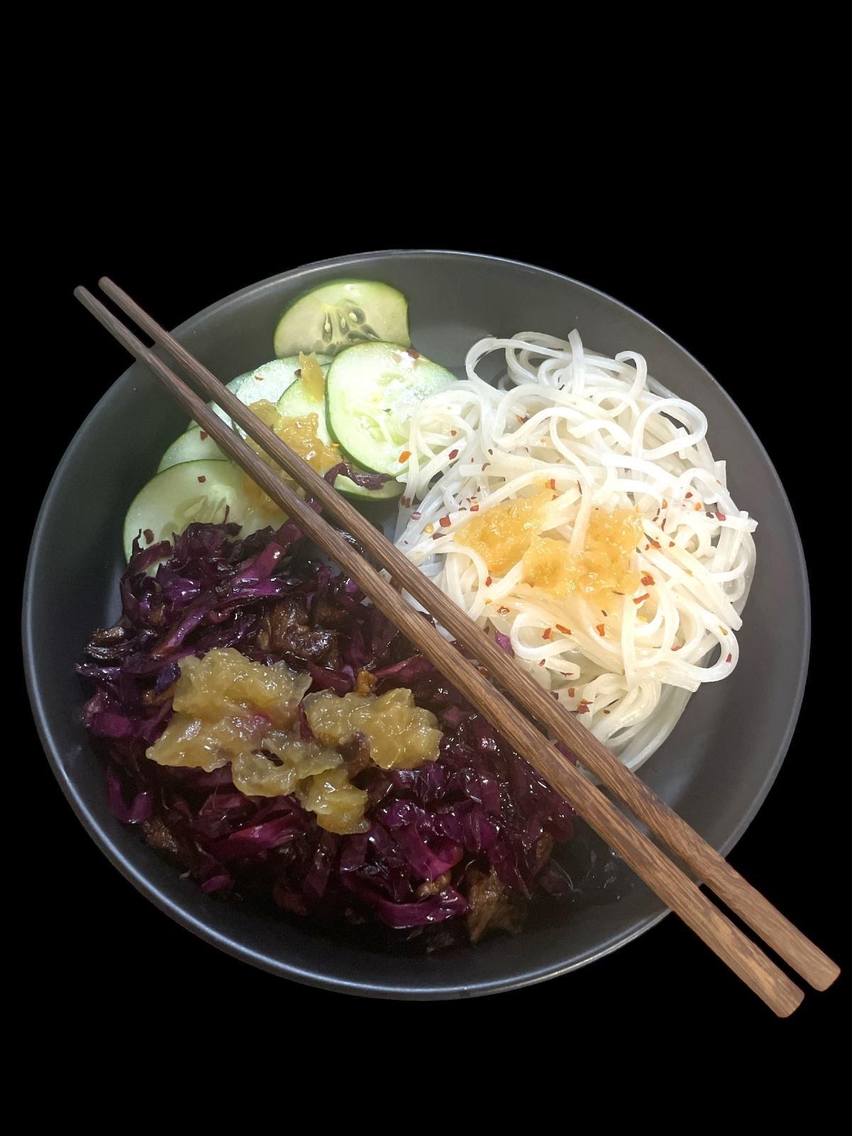 Thai Noodles with Caramelized Red Cabbage and Cucumber Salad