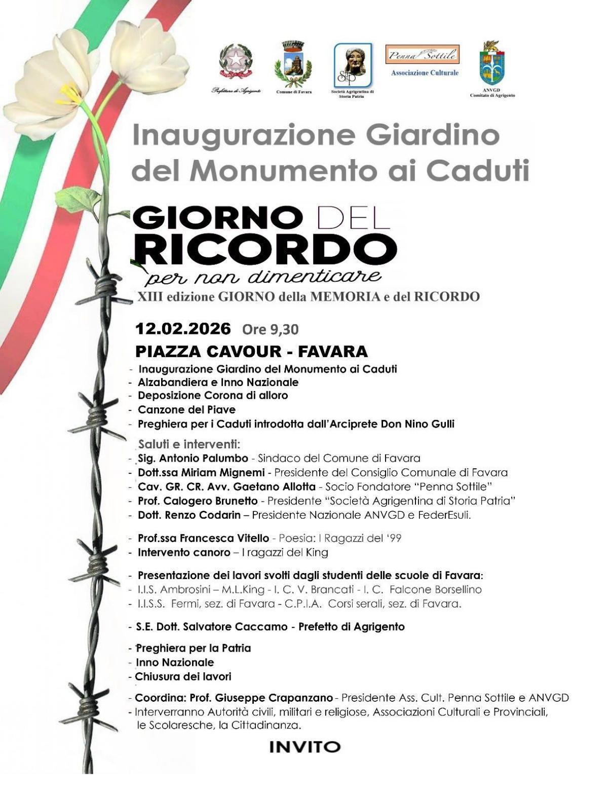 Giorno del Ricordo - Inaugurazione Giardino del Monumento ai Caduti (inizio ore 9,30)
