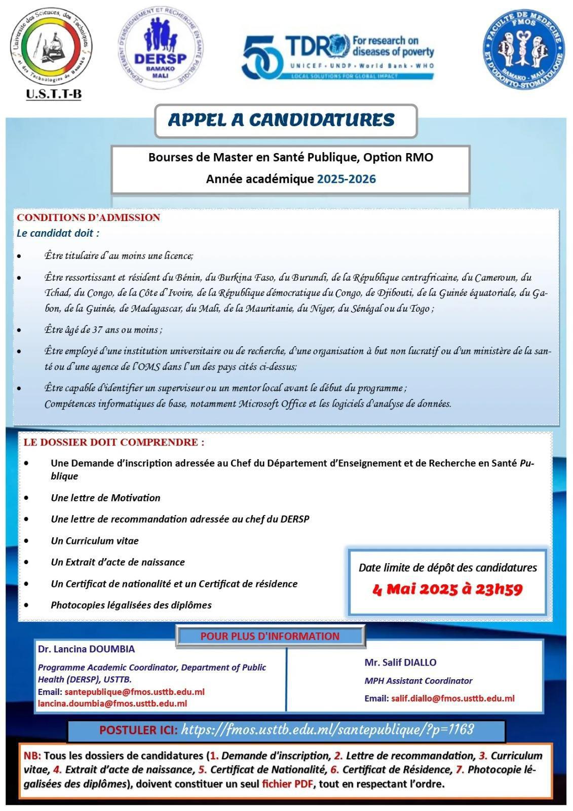 BOURSE DE MASTER EN SANTE PUBLIQUE, OPTION RMO, POUR L'ANNEE ACADEMIQUE 2025-2026.