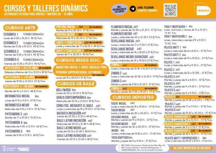 Programción de los cursos de Dinàmics y Llunàtics de Dénia