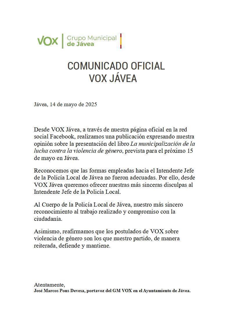 Vox Jávea se disculpa con el jefe de la Policía Local