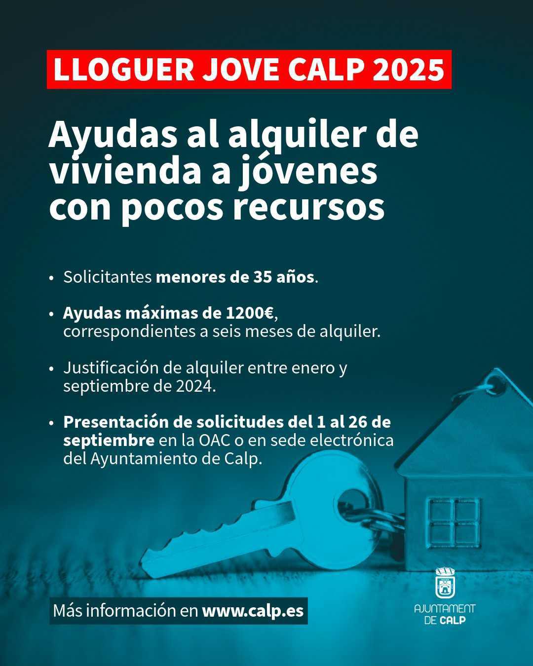 L’Ajuntament de Calp obri el termini per a sol·licitar les ajudes municipals al lloguer jove 2025
