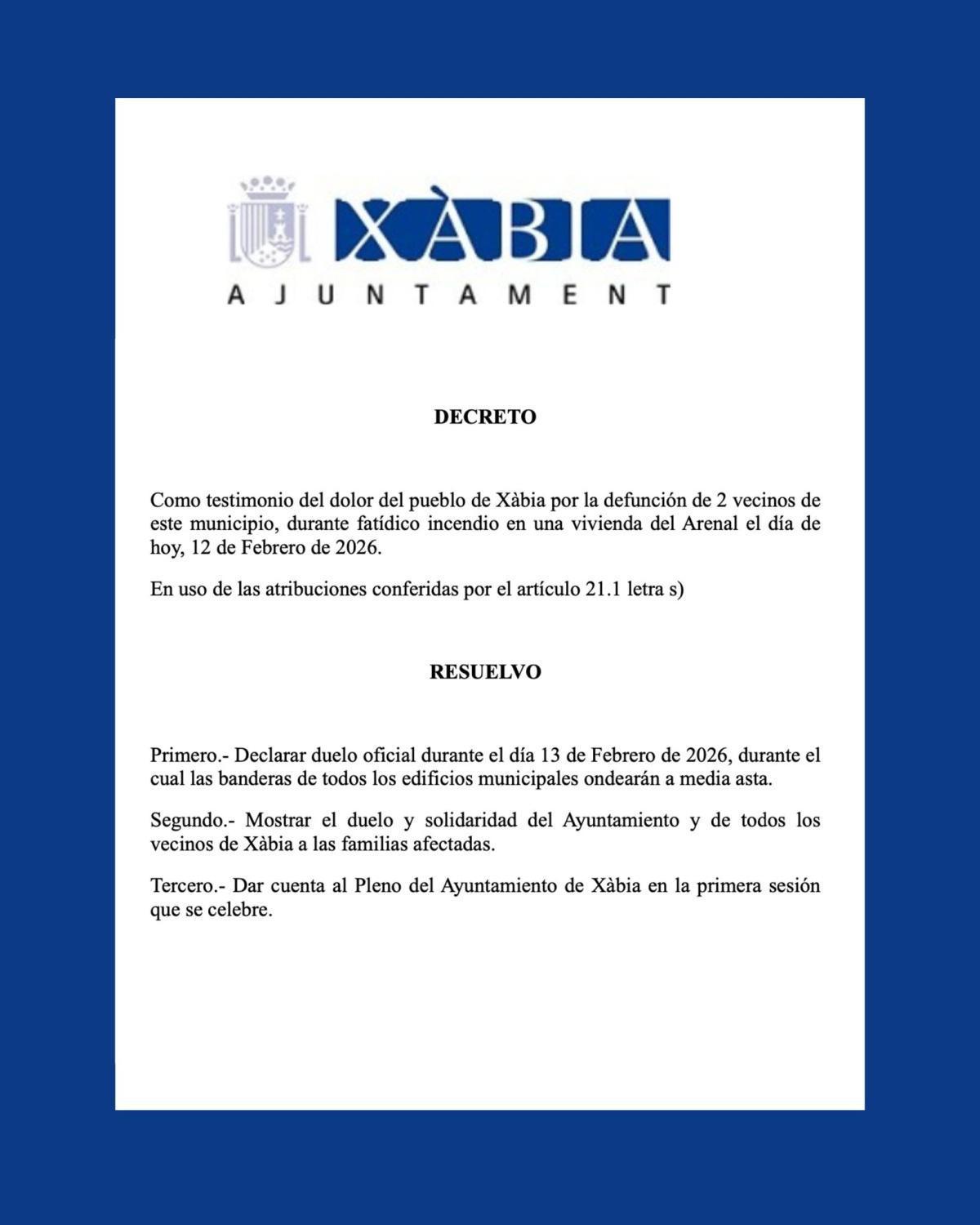 Xàbia vive hoy una jornada de duelo oficial tras el trágico incendio de ayer en El Arenal