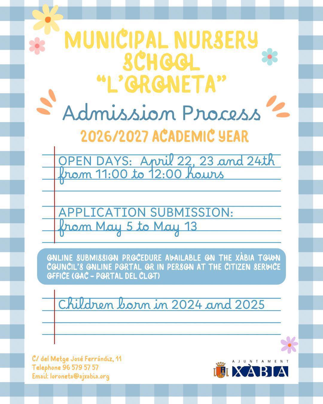 La escoleta municipal L’Oroneta de Xàbia abre la admisión para el curso 2026/27 La escoleta municipal L’Oroneta de Xàbia abre la admisión para el curso 2026/27
