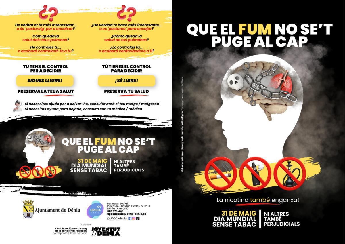 “No te dejes engañar: el envase cambia, pero el daño es el mismo”, Dénia alerta a los jóvenes sobre los riesgos del tabaco, vapeadores y cachimbas “No te dejes engañar: el envase cambia, pero el daño es el mismo”, Dénia alerta a los jóvenes sobre los riesgos del tabaco, vapeadores y cachimbas