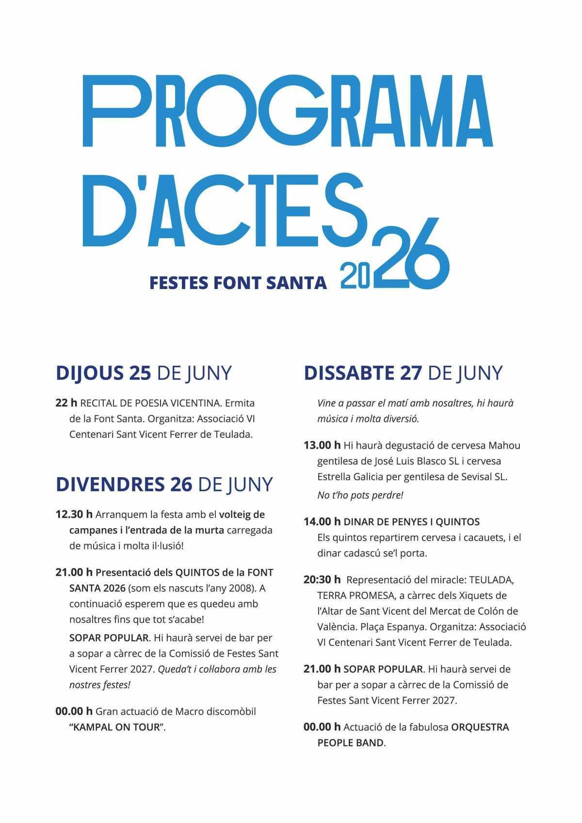 Programació Festes Font Santa de Teulada