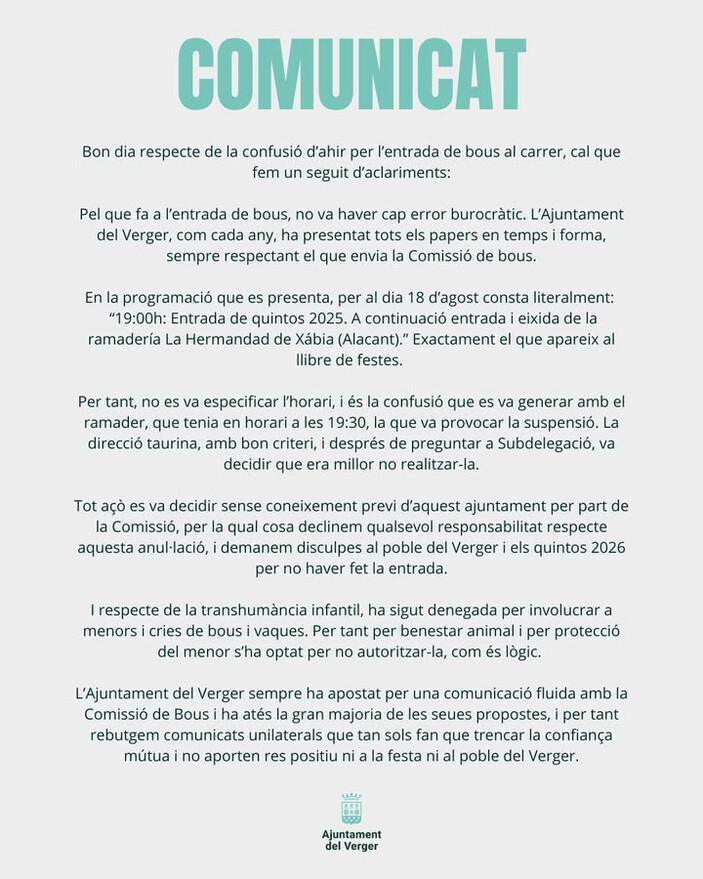 L’Ajuntament del Verger nega qualsevol error burocràtic en la suspensió de l’entrada de bous dels Quintos 
