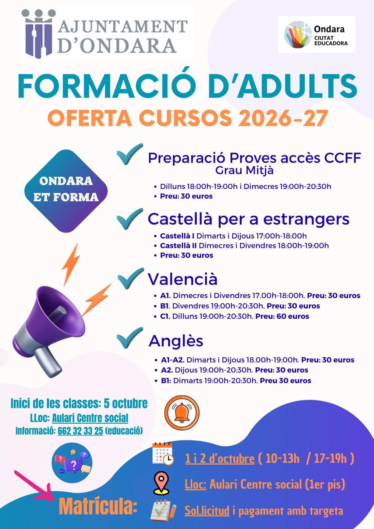 Ondara presenta la nova oferta de cursos de formació per a persones adultes per al curs 2026-2027 Ondara presenta la nova oferta de cursos de formació per a persones adultes per al curs 2026-2027