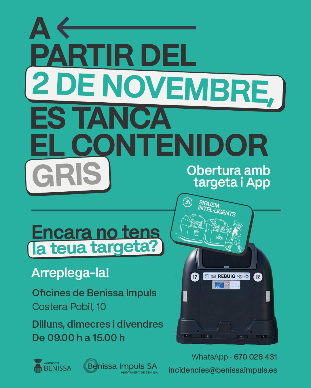 Benissa cerrará los contenedores grises a partir del 2 de noviembre y exigirá tarjeta o aplicación móvil