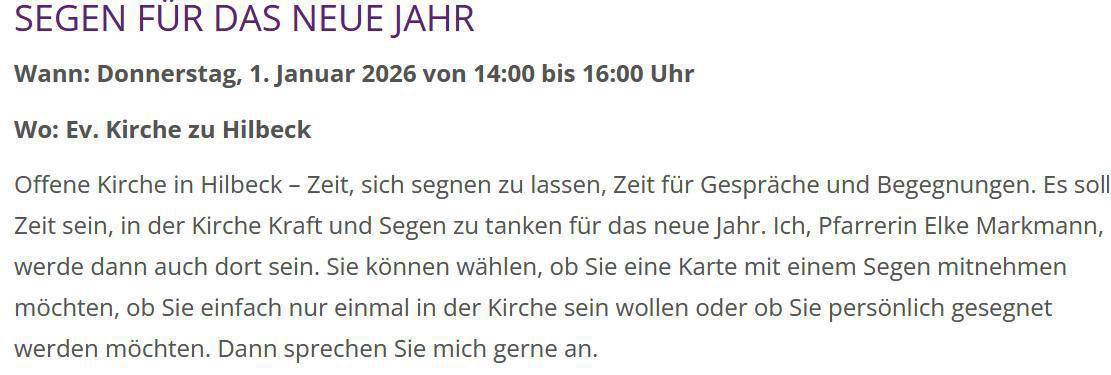 Segen für das neue Jahr in der offenen Kirche von 14.00 Uhr bis 16.00 Uhr