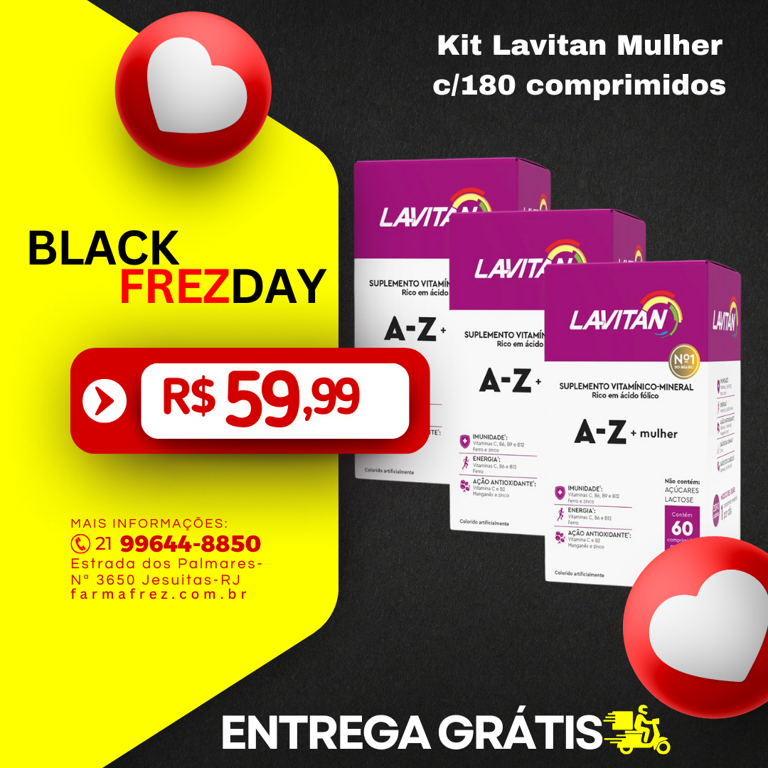 A vitamina mais completa para as mulheres.  Rico em Ferro e Ácido Fólico, Lavitan AZ Mulher conta com 10 vitaminas e 3 minerais que ajudam a complementar a alimentação.  Basta ingerir 1 ao dia. NÃO CONTÉM: AÇÚCARES, LACTOSE. NÃO CONTÉM GLÚTEN.
