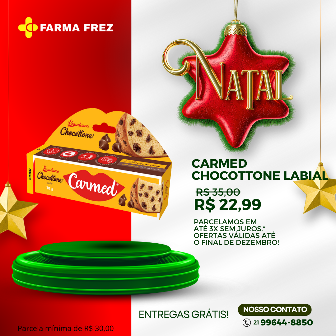 Hidratante labial de uso diário incolor com aroma de Carmed Chocottone Bauducco, com alto poder de hidratação, protege contra o ressecamento, deixando os lábios macios e saudáveis. Sem parabenos e conservantes; Não testado em animais; Pode ser usado a partir de 3 anos. Hidratante labial em bisnaga.