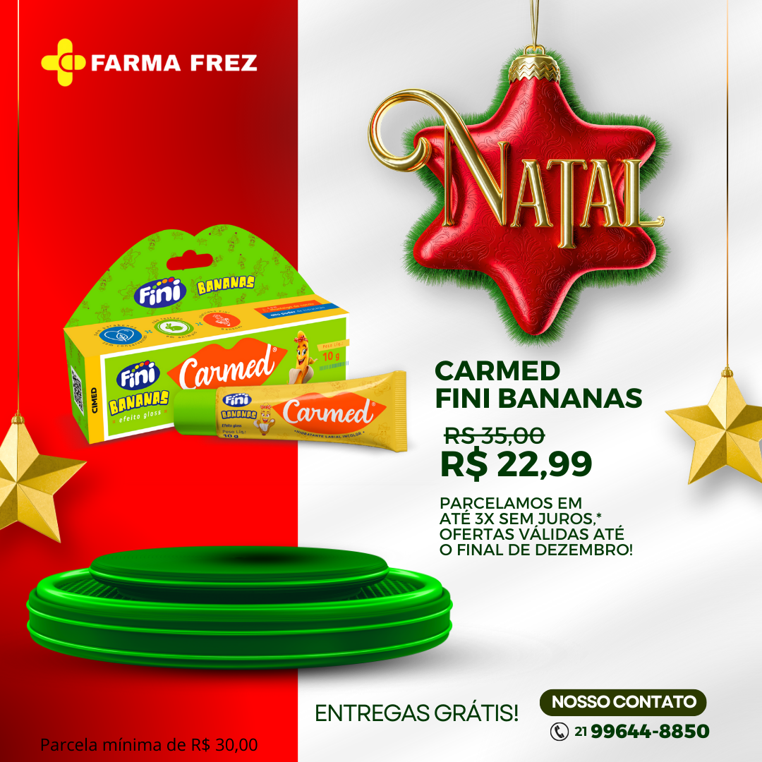 Hidratante labial de uso diário incolor com aroma de Carmed Fini Bananas, com alto poder de hidratação, protege contra o ressecamento, deixando os lábios macios e saudáveis. Sem parabenos e conservantes; Não testado em animais; Pode ser usado a partir de 3 anos. Hidratante labial em bisnaga.