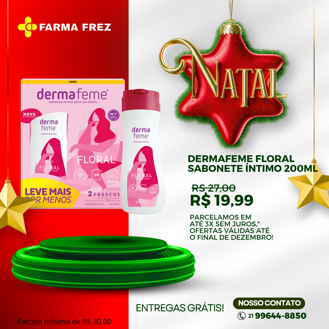 Dermafeme Floral proporciona limpeza e equilíbrio do pH da região íntima, além de proteção, conforto e bem-estar. Possui fragrância suave. Recomendado para uso diário