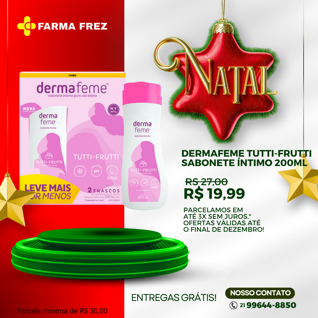 Dermafeme® Tutti-Frutti proporciona limpeza e equilíbrio do pH da região íntima, além de proteção, conforto e bem-estar. Possui fragrância suave. Pode ser usado a partir dos 12 anos. Recomendado para uso diário