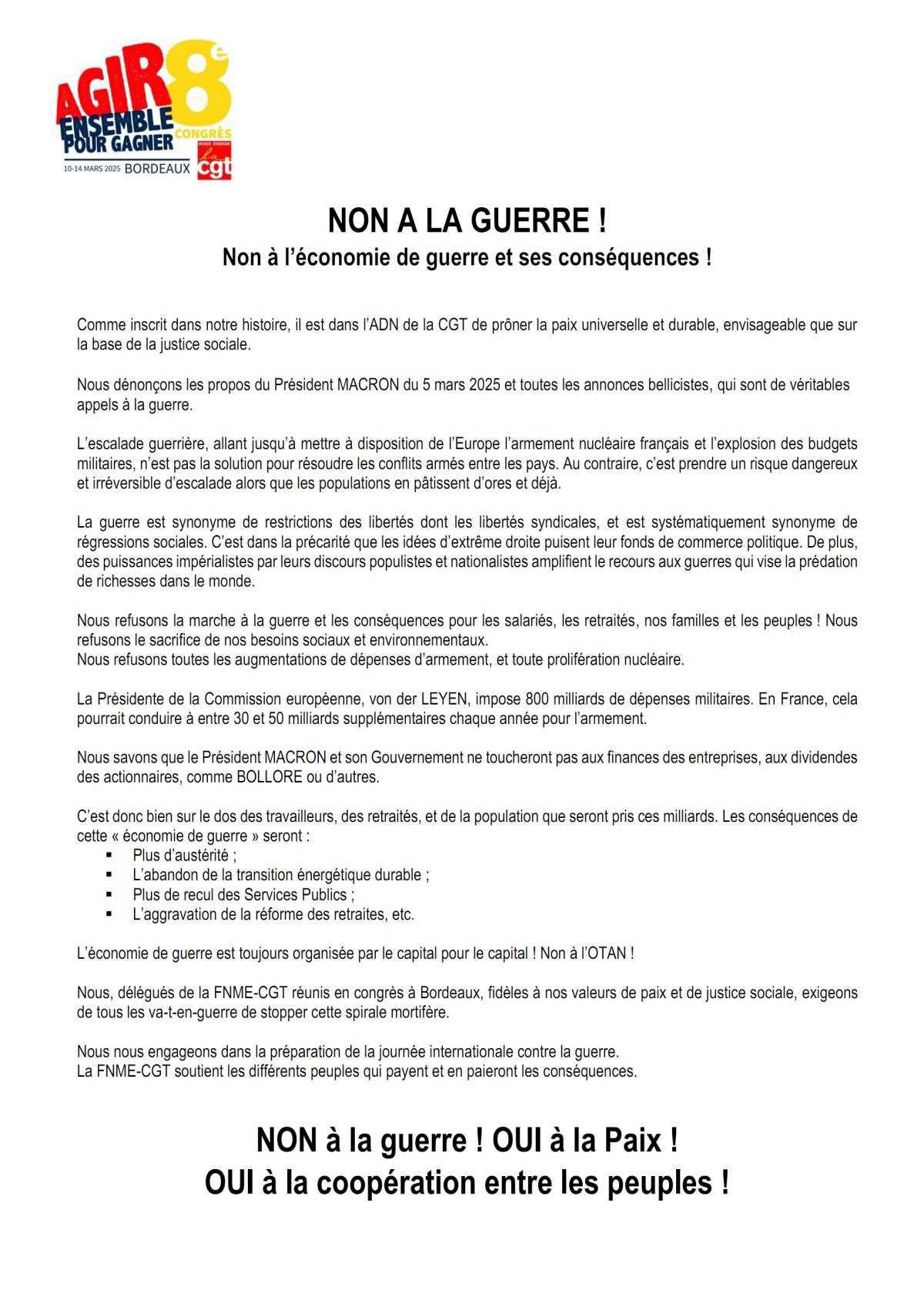 NON à la Guerre, OUI à la Paix.