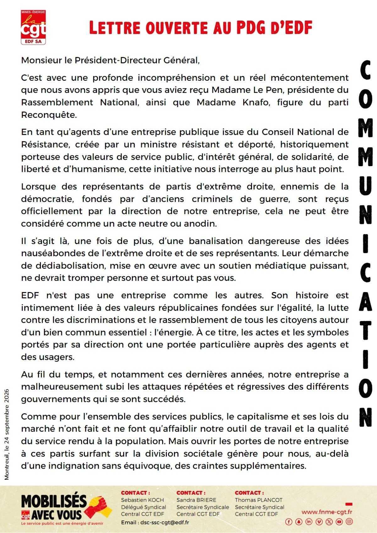 Lettre Ouverte de la CGT d'EDF au PDG.