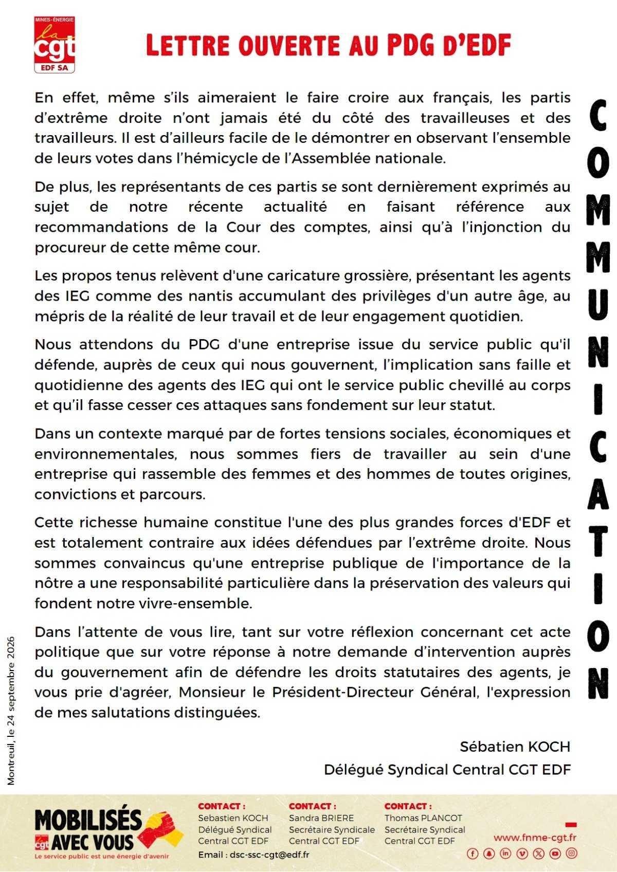 Lettre Ouverte de la CGT d'EDF au PDG.