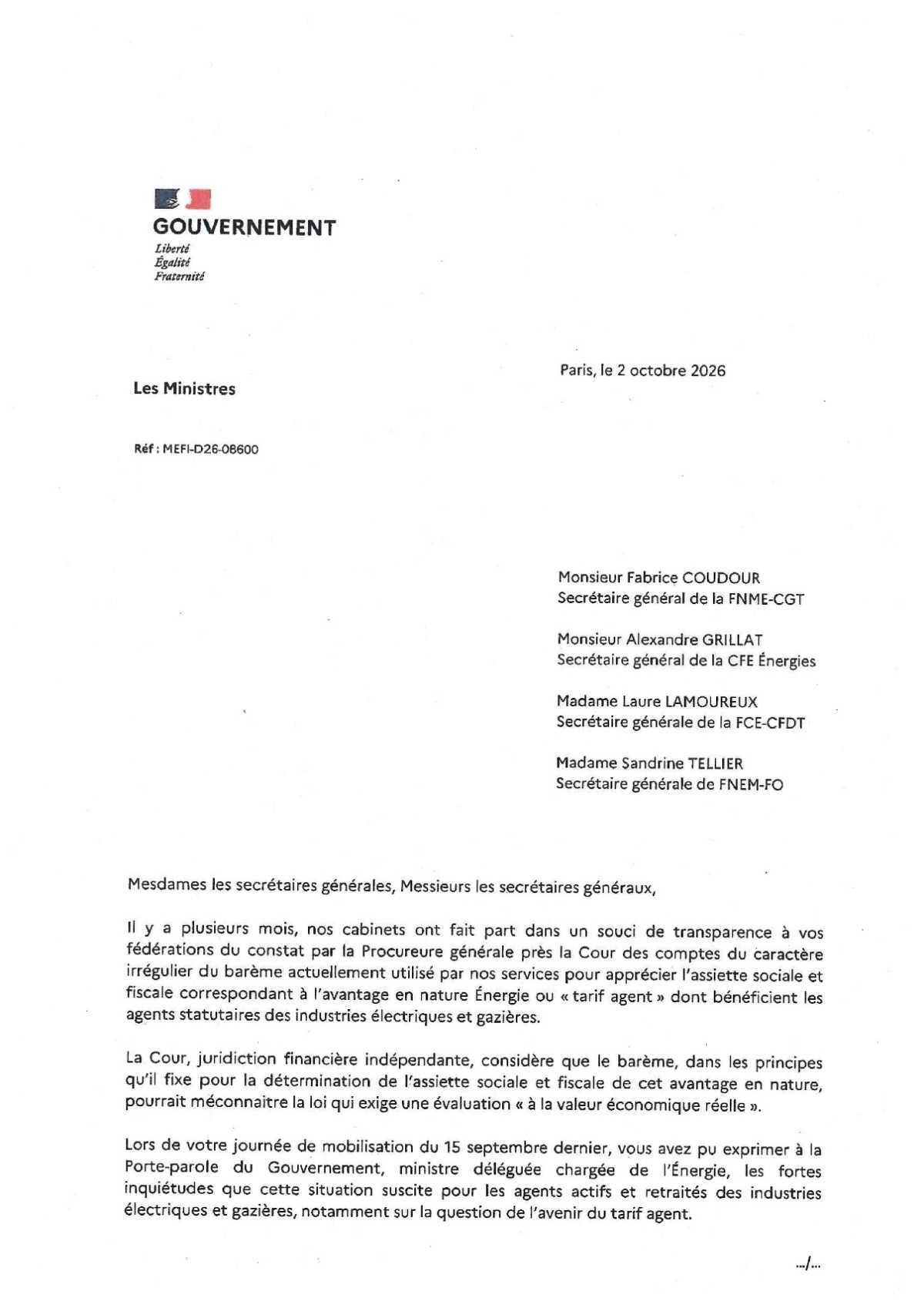 Lettre du gouvernement sur le Tarif Agent.