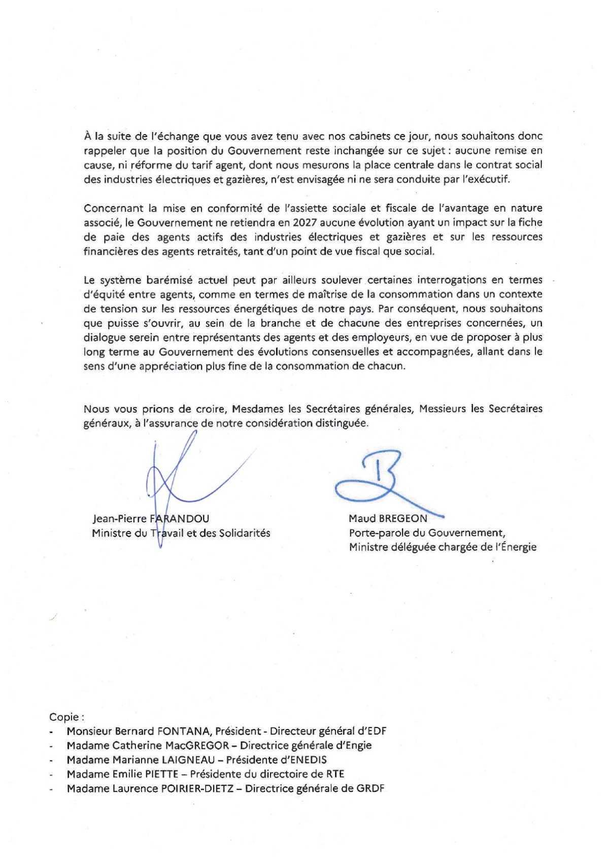 Lettre du gouvernement sur le Tarif Agent.