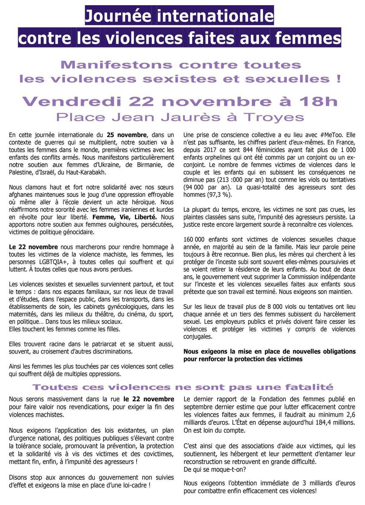 Journée internationale contre les violences faites aux femmes.