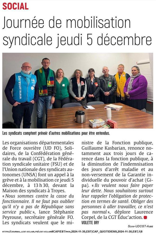 Journée de mobilisation syndicale dans la FP, jeudi 5 décembre