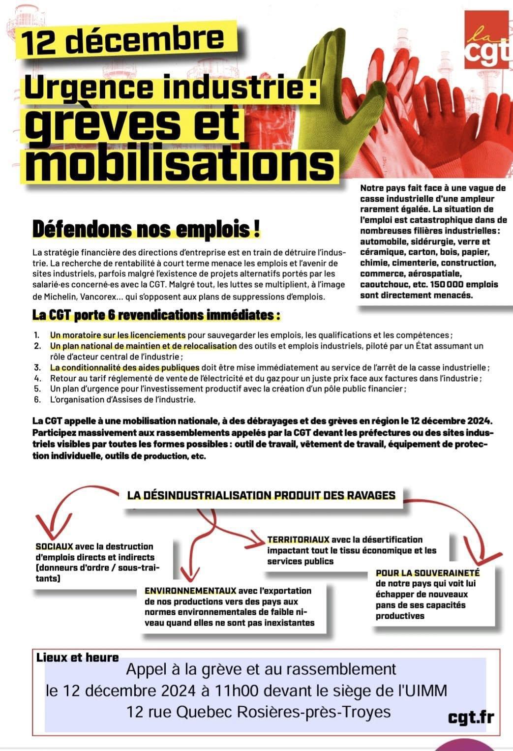 Mobilisation le 12 décembre prochain contre la casse industrielle.