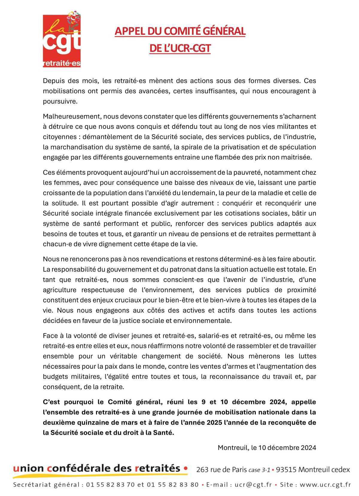 Appel du Comité Général de l'UCR-CGT