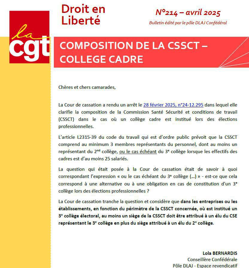 DLAJ N° 214 - Composition de la CSSCT Collège cadre