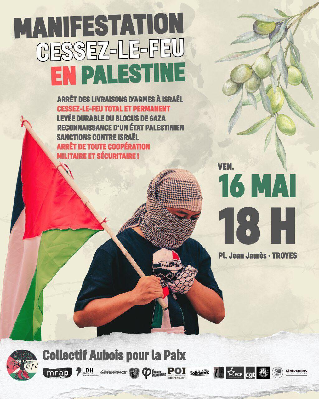 16 MAI 2025 à 18 h : Manif pour la Palestine à Troyes