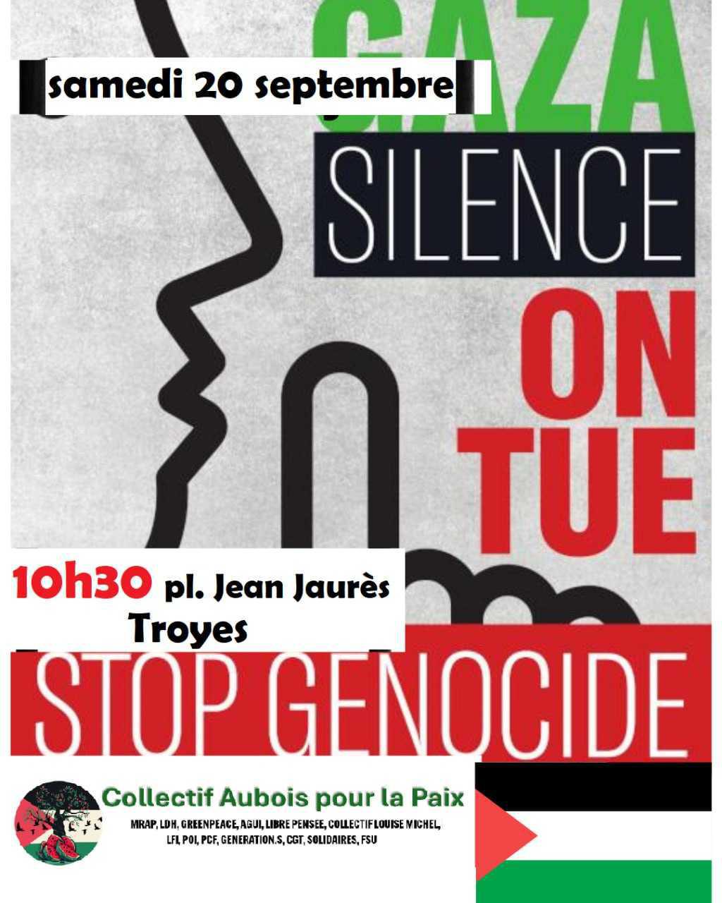20 septembre à 10h30 place Jean Jaurès à Troyes pour Gaza