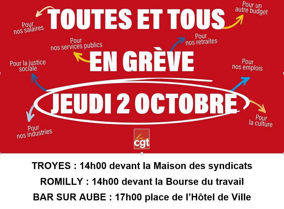 Le 2 oct : grève et manifs dans l'Aube